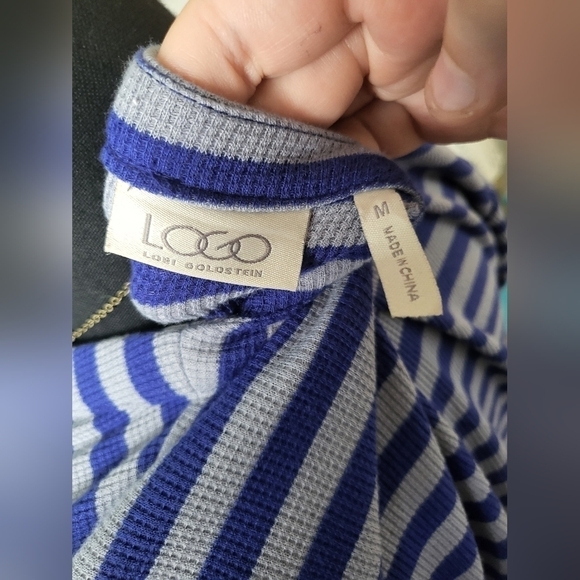 LOGO by Lori Goldstein Waffle Knit Striped Lace Hem Button Down Tunic Top - Picture 4 of 6